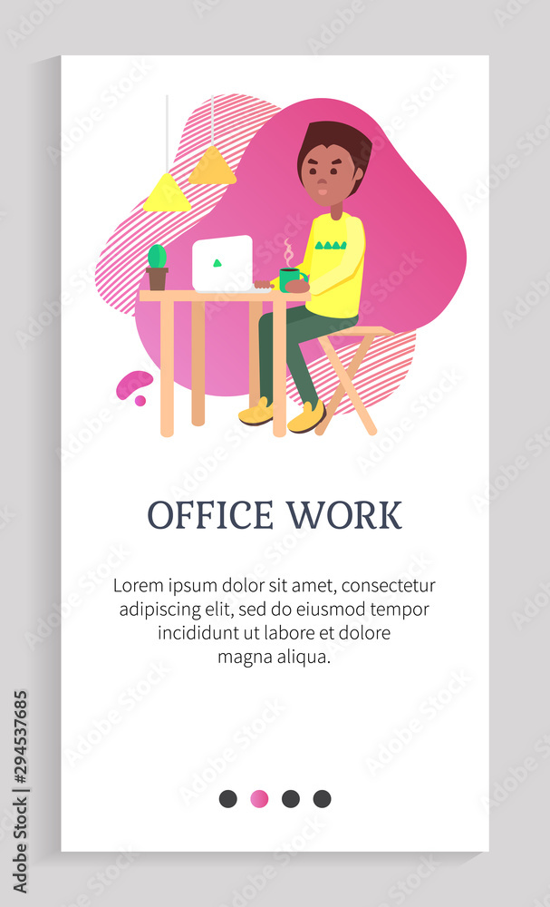 Poster office work of organized employee vector, company programmer sitting at working place behind laptop,