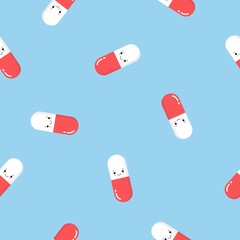 Seamless pattern with cute pink pills and capsules. Simple flat vector illustration on blue background.