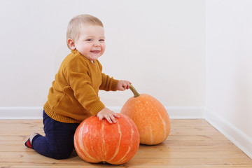 little boy with pumpkins on wooden  floor