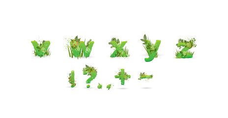 Green Leaves font. Vector illustration. Stylish eco alphabet from colorful tropical leaves, bushes, flowers and nature elements. Egology and natural font, summer and tropical letters isolated on white