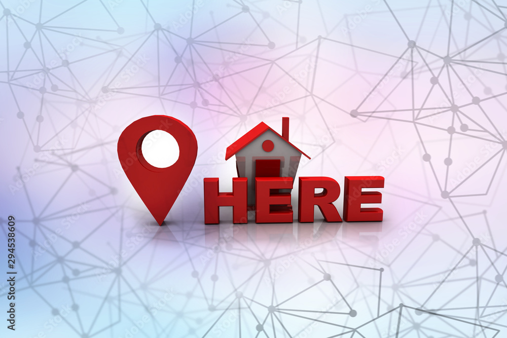 Poster 3d illustration search for property.a map with large red gps pointer containing
