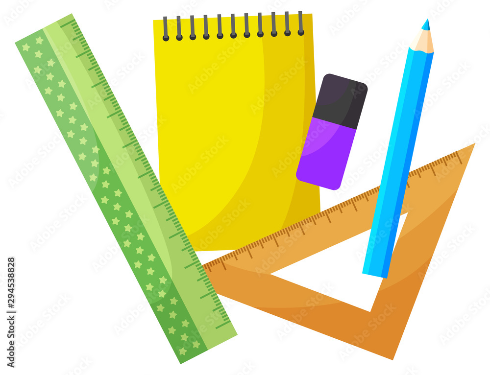 Poster school supplies for lesson vector, isolated notebook and eraser. ruler for measurement, mathematical