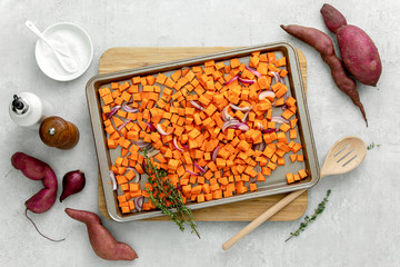 Sweet potato cooking concept, flat lay composition