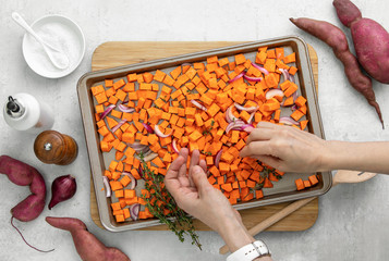 Sweet potato cooking concept, flat lay composition