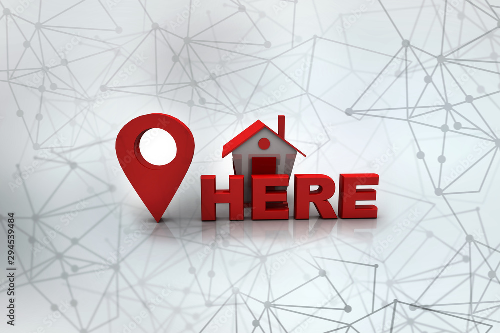Poster 3d illustration search for property.a map with large red gps pointer containing