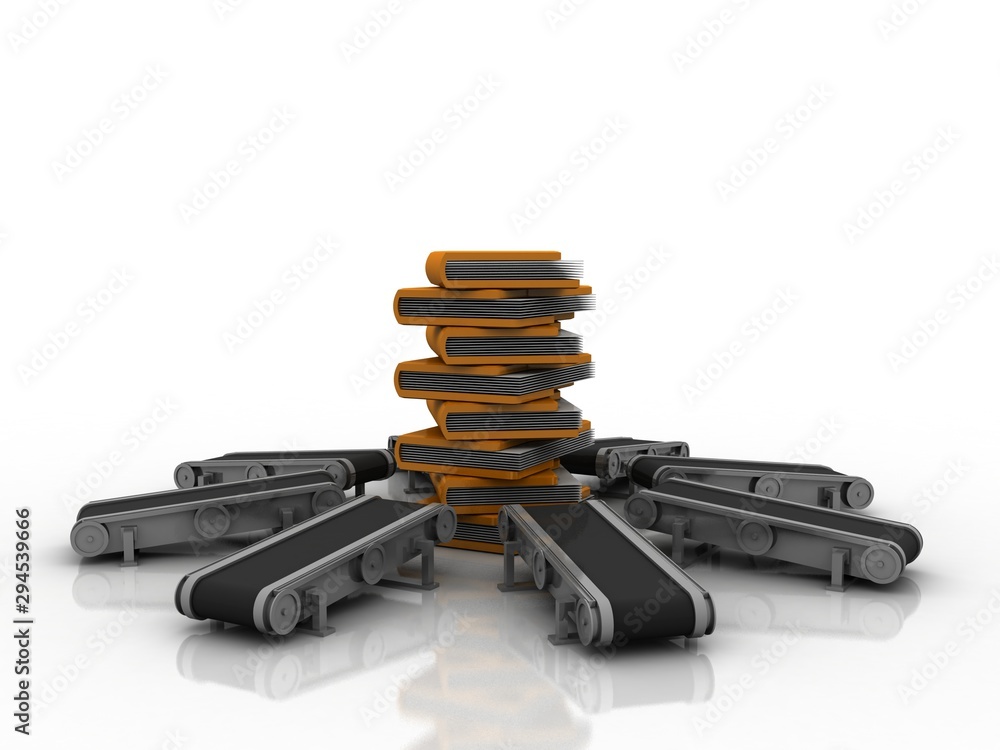 Poster 3d rendering conveyor belt with folder
