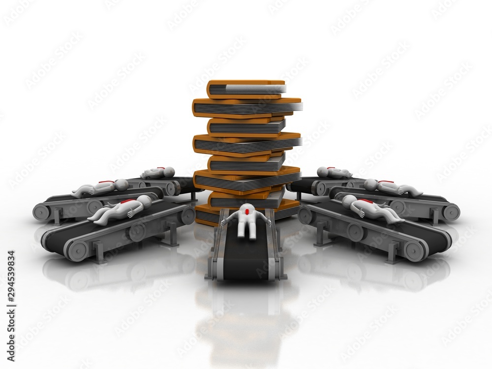 Poster 3d rendering computer technician in conveyor belt with folder