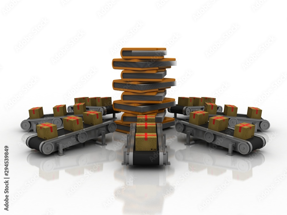 Poster 3d rendering card box in conveyor belt with folder