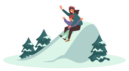 Parent with kid sliding downhill from snowy slope