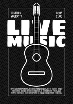 Music festival show poster or invitation flyer design template. Acoustic classic guitar on black background. Live musical party concert. Fest vector illustration A3 A4 size