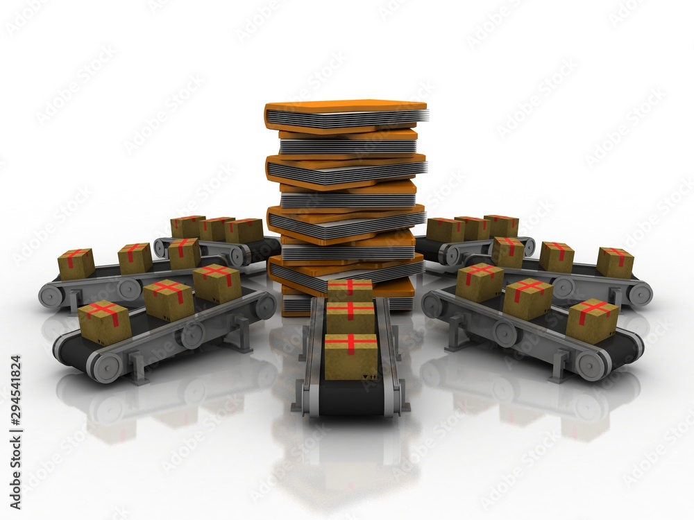 Poster 3d rendering card box in conveyor belt with folder