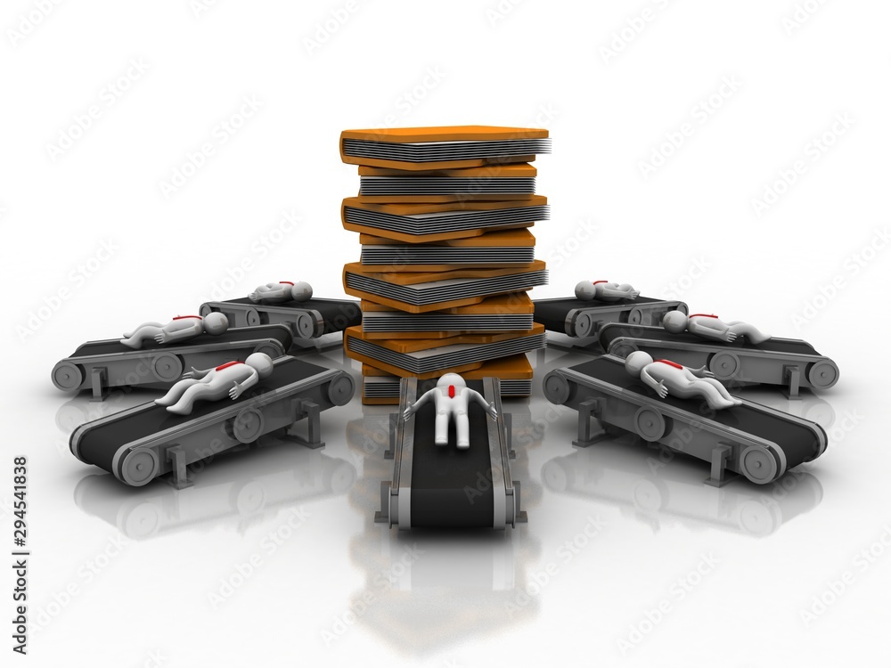 Poster 3d rendering computer technician in conveyor belt with folder