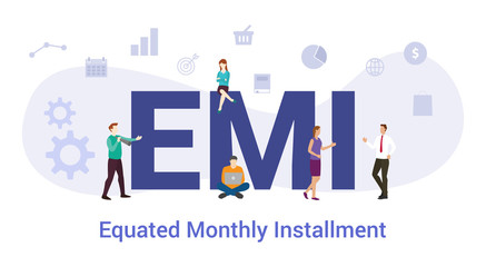 emi equated monthly installment concept with big word or text and team people with modern flat style - vector