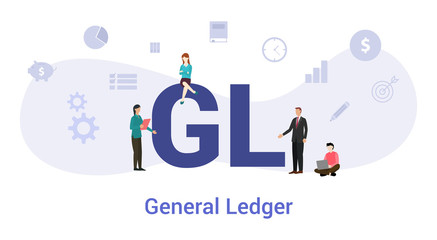 gl general ledger concept with big word or text and team people with modern flat style - vector