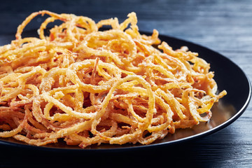 close-up of french crispy fried onion rings