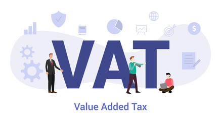 vat value added tax concept with big word or text and team people with modern flat style - vector - obrazy, fototapety, plakaty