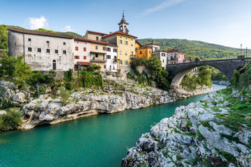 Fototapeta na wymiar Colorful Architecture of Kanal Ob Soci Town in Slovenia at River Soca