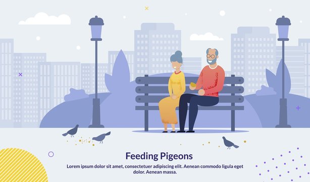 Cartoon Old Senior Couple Feeding Pigeons Poster
