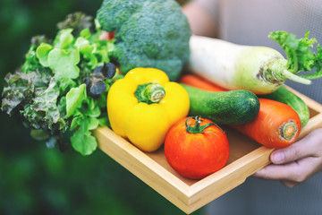 A woman holding a fresh mixed vegetables in a wooden tray