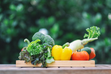 A fresh mixed vegetables in a wooden tray on the table