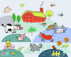 Vector drawing of a farmyard in a funny style. Various animals and birds. For design and cards.