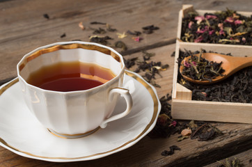 various types of tea on a wooden background