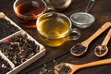 various types of tea on a wooden background
