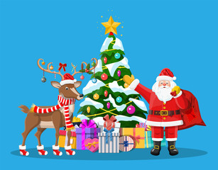 Santa claus with bag full of gifts and his reindeer. Happy new year decoration. Merry christmas holiday. Decorated fir tree with gift boxes. New year and xmas celebration. Flat vector illustration