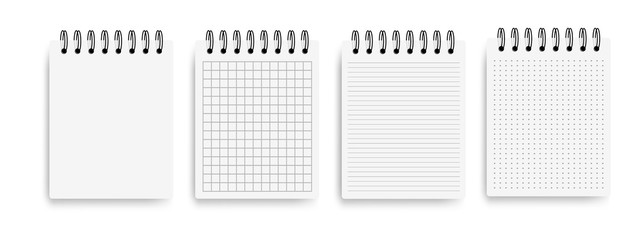 Realistic notebooks lined and dots paper page isolated on white background. Notepad blank mockup template vector illustration