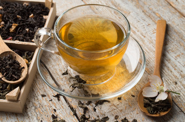 various types of tea on a wooden background
