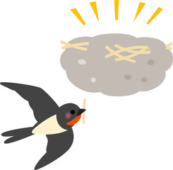 ツバメの巣と藁を運ぶツバメ