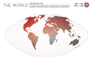 World map in polygonal style. McBryde-Thomas flat-polar sinusoidal equal-area projection of the world. Red Grey colored polygons. Modern vector illustration.