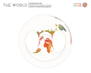 Polygonal map of the world. Hammer retroazimuthal projection of the world. Colorful colored polygons. Contemporary vector illustration.