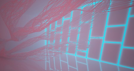 Abstract architectural smooth white interior of a minimalist wires with color gradient neon lighting. 3D illustration and rendering.