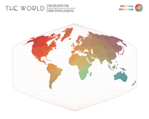Abstract geometric world map. Baker Dinomic projection of the world. Spectral colored polygons. Amazing vector illustration.