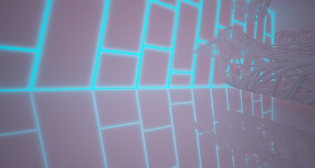 Abstract architectural smooth white interior of a minimalist wires with color gradient neon lighting. 3D illustration and rendering.