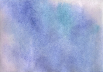 Watercolor background in blue and white colors. Raster abstract illustration for wallpaper. Hand drawn gradient painting.