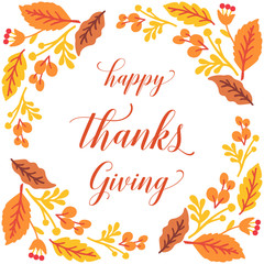 Template lettering of thanksgiving, with vintage autumn leaves frame. Vector