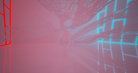 Abstract architectural smooth white interior of a minimalist wires with color gradient neon lighting. 3D illustration and rendering.