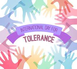 International Day of Tolerance. Rainbow hands up with a greeting ribbon . Commonwealth and unity. Childhood and joy. Vector square card for your creativity.