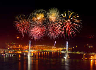 Fireworks over Yokohama Bay Bridge  at night, Japan