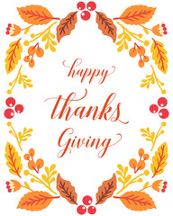 Modern lettering of thanksgiving, with texture art of autumn leaf flower frame. Vector