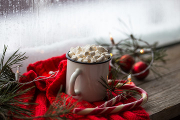 Cacao drink in a glass with marshmallow on the background of bokeh lights, window  Christmas hot drinks