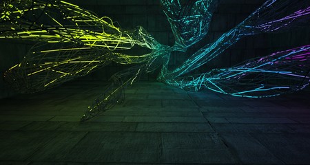 Abstract architectural concrete smooth interior of a minimalist house with color gradient neon lighting. 3D illustration and rendering.