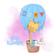 Cute cartoon giraffe in a balloon with flowers. Vector illustration © Yuliya