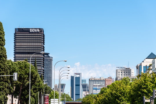 Modern skyscrapers and BBVA building in Financial District of Madrid
