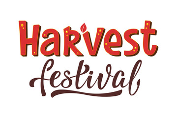 Hand lettering autumn lettering Harvest Festival. Harvest fest bright poster design. Handwritten fall vector illustration isolated on white background for cards, posters, banners, logo, tags.