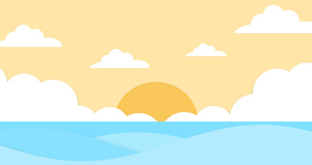 Fototapeta na wymiar Abstract the sea at dawn clear blue sky with sun background. Soft gradient pastel cartoon graphics. Ideas for children designs or presentations. Flat design illustration of summer