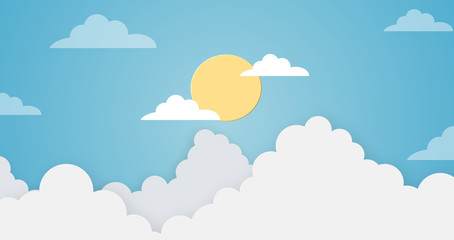 Abstrakter kawaii bunter klarer blauer Himmel mit Sonnenhintergrund. Weiche Pastell-Cartoon-Grafiken mit Farbverlauf. Ideen für Kinderdesigns oder Präsentationen. Flache Designillustration des Sommers