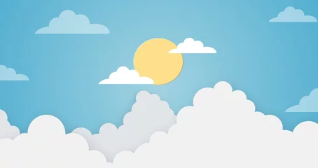 Abwaschbare Fototapete Kinderzimmer Abstrakter kawaii bunter klarer blauer Himmel mit Sonnenhintergrund. Weiche Pastell-Cartoon-Grafiken mit Farbverlauf. Ideen für Kinderdesigns oder Präsentationen. Flache Designillustration des Sommers
